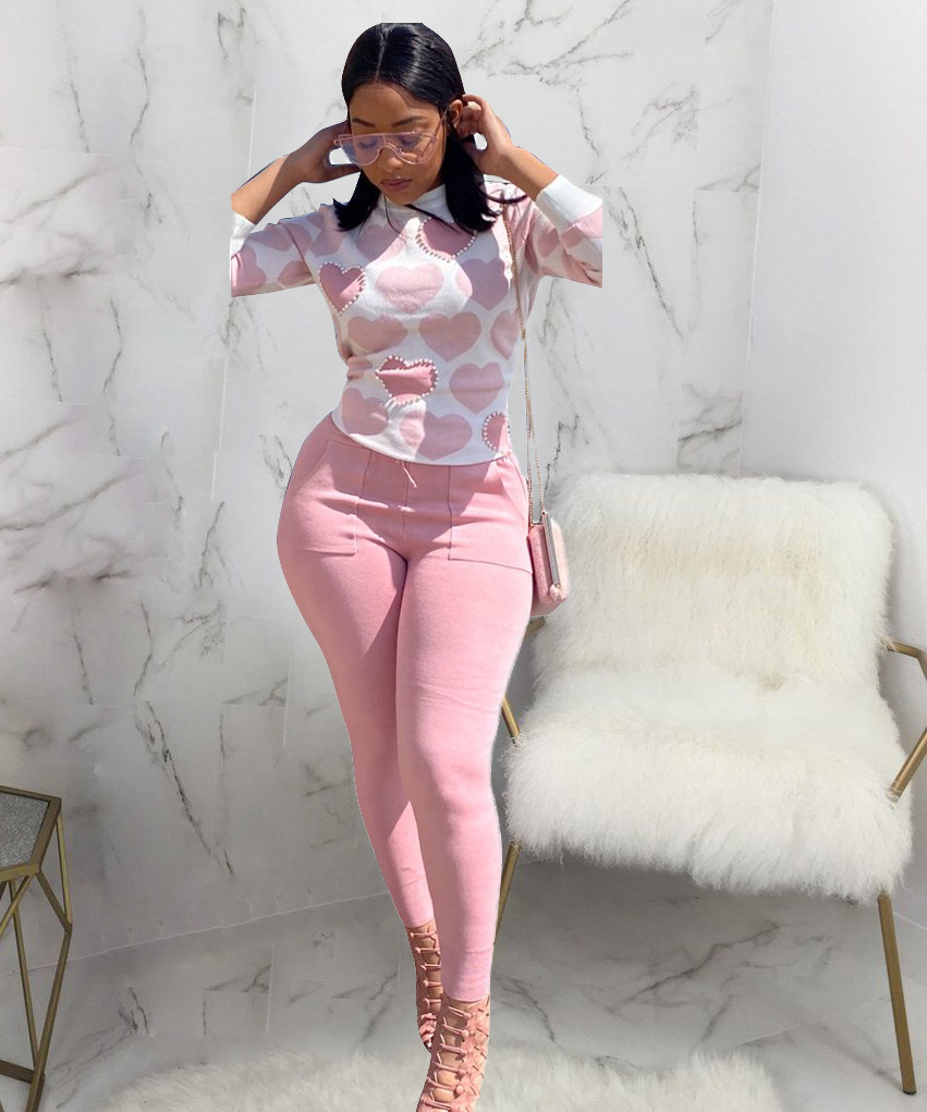 C7482 Custom Winter Outfits Women Set Long Sleeve Decorate Bead 2 Piece Tracksuit Hoodie Clothing Set