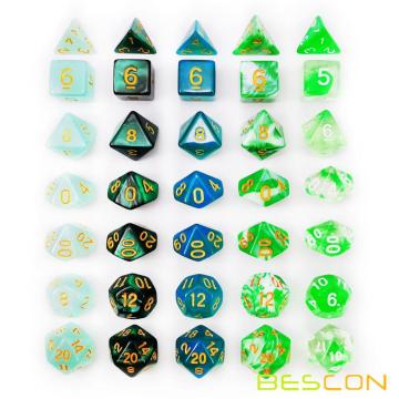 Bescon 35pcs Polyhedral RPG Dice Emeralds Set, DND Role Playing Game Dice Green Sets 5X7pcs