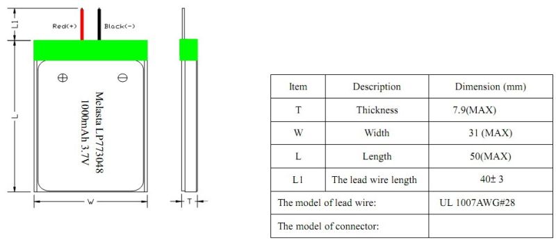 1000mAh 3.7V Lithium Polymer Battery Pack Lp773048