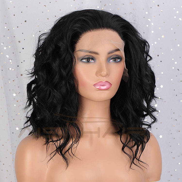 Aisi Hair Top Quality 16 Inch Curly Wave Black Wig Long Wavy Swiss Lace Wig Synthetic Lace Front Hair Wigs For Black Women