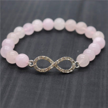 Rose Quartz 8MM Round Beads Stretch Gemstone Bracelet with Diamante 8-shape Piece