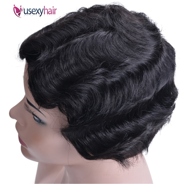 Wholesale Short Finger Wave Curly Wigs For Black Women Machine Made None Lace Pixie Cut Human Hair Wig