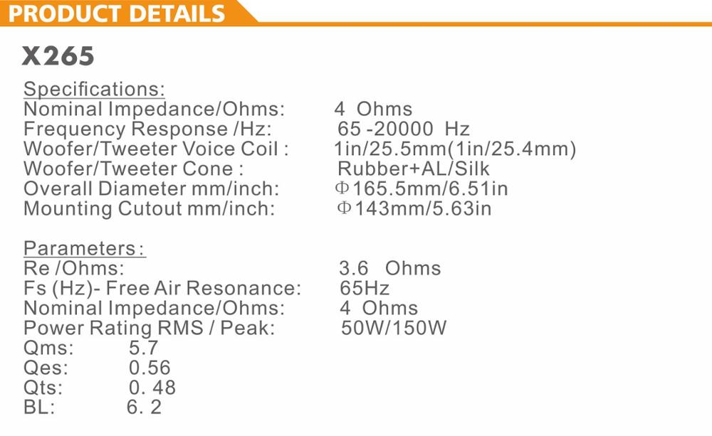 X265高品質6.5 "カーオーディオフルレンジスピーカー