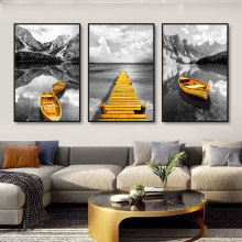 Custom Wall Art: Home Decor - 3pcs Yellow Boat, Golden Bridge, Mountain & Lake Landscape Canvas Print Posters