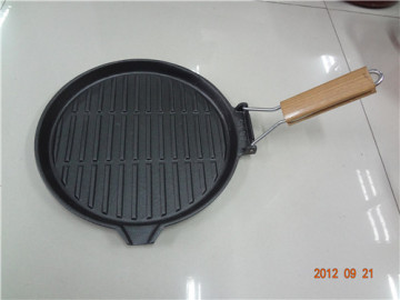 Wooden handle Eco-friendly Cast Iron Grill Pan