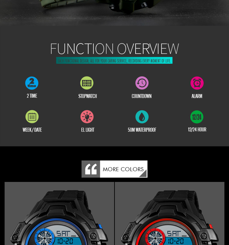 Skmei 1446 sport multifunction watch men digital wristwatch waterproof 5ATM alarm EL light chrono