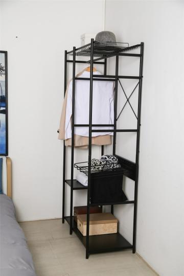 clothes rack with black metal display