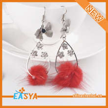 Red Pompon Silver Ribbon Teardrop Earrings