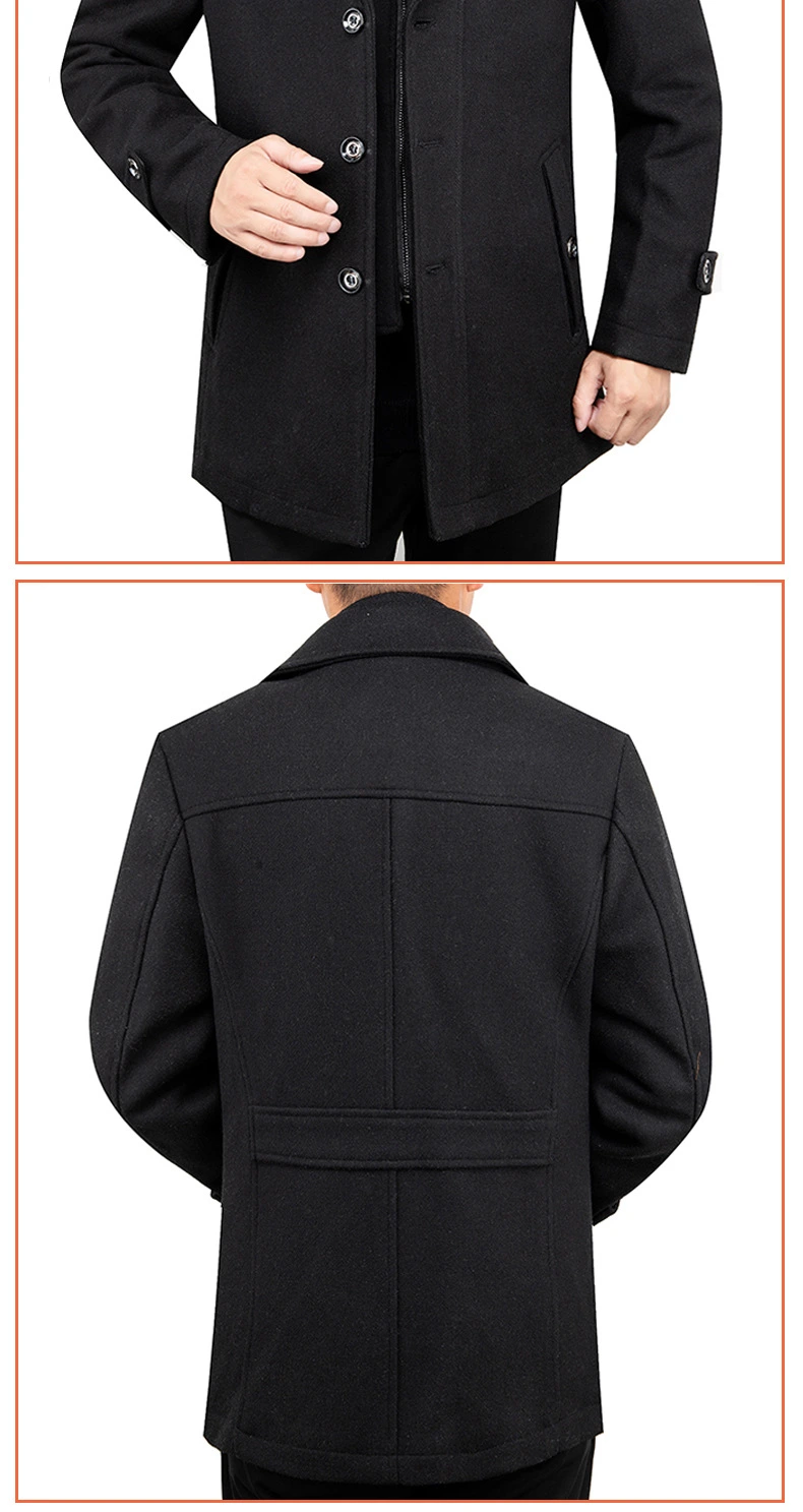 Middle-Aged Wool Men's Thick MID-Length Woolen Jacket