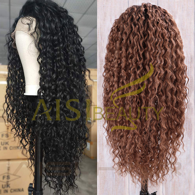 Aisi Beauty Cheap Vendor Long Wavy Kinky Curly Water Wave Black Brown Swiss Lace Synthetic Hair For Black Women Lace Front Wig