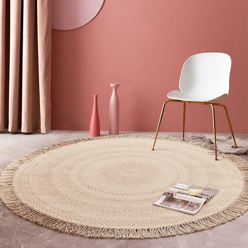 Round Wool Braided Living Room Rug With Tassels
