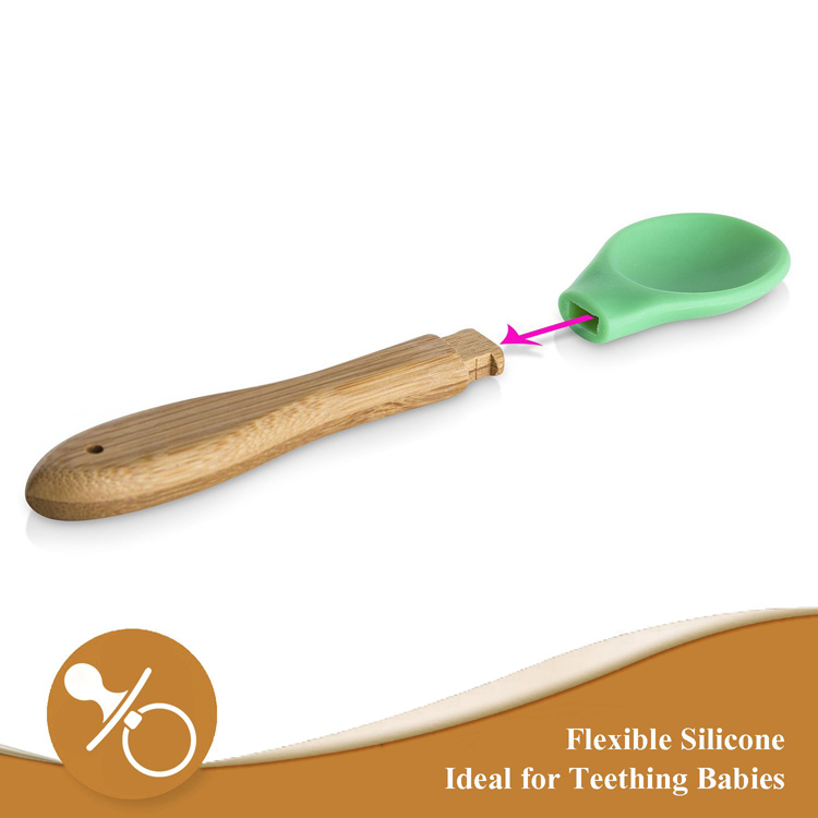 Yuming Factory BPA Free 100% Food Grade Silicone and Bamboo Baby Feeding Spoon