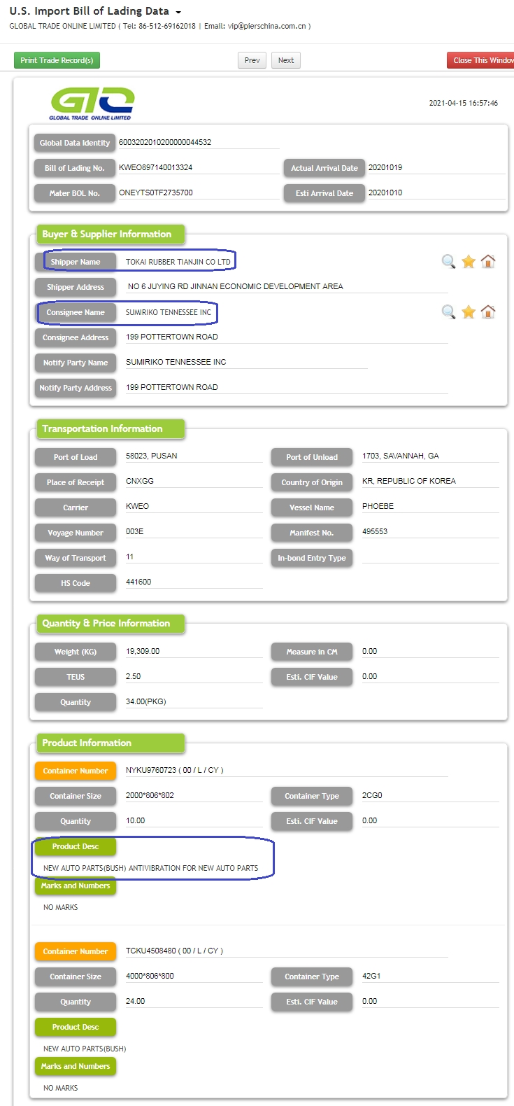 Nye Auto Parts USA Import Data