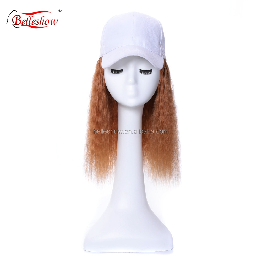 Hot sell synthetic hair and human hair black basketball hat Light brown wool roll hat wig  long curly wig