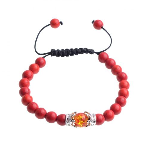 Amber and Crown Charm Red Turquoise Beads Woven Bracelet