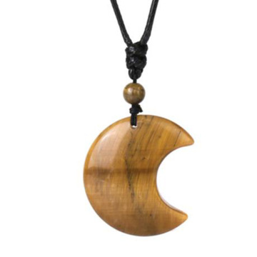 Yellow Tiger Eye Stone 35MM Moon Pendant Necklace Adjustable Rope Women Men