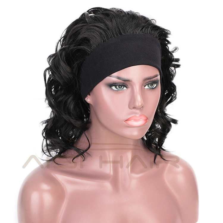 Aisi Hair Short Women Black Curly Wigs with Headband Heat Resistant Synthetic Fiber Wigs with Bandage For Lady