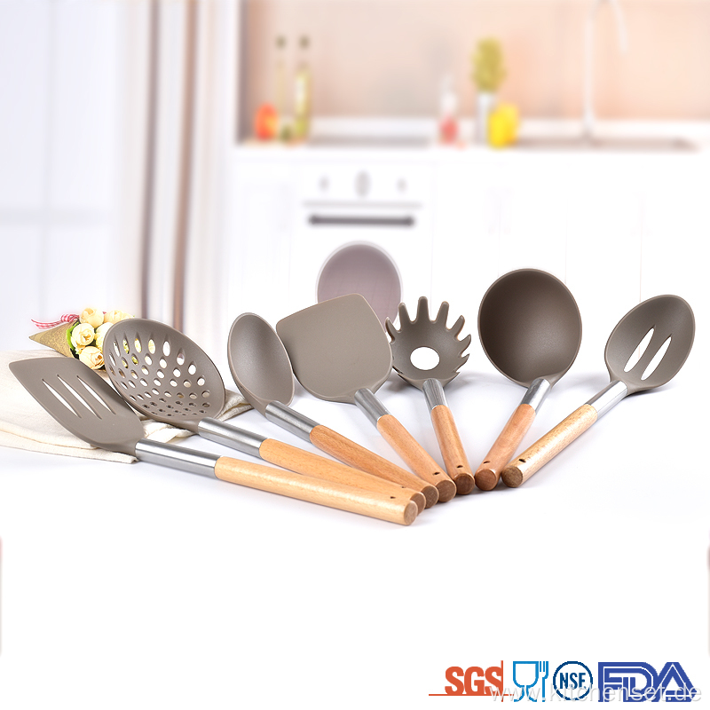 nylon cooking kitchen utensil set with natural wood