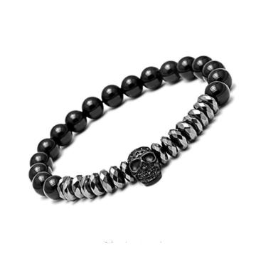 Fashion Black Natural Stone Crystal Bracelet Skull 8mm Bead Stainless Steel Bracelet