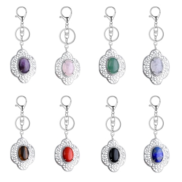 Gemstone Oval Cabs Silver Hollowed Alloy Pendant Keychain Crystal Charm Pendant Key Chain Natural Stone Key Ring Bag Tag