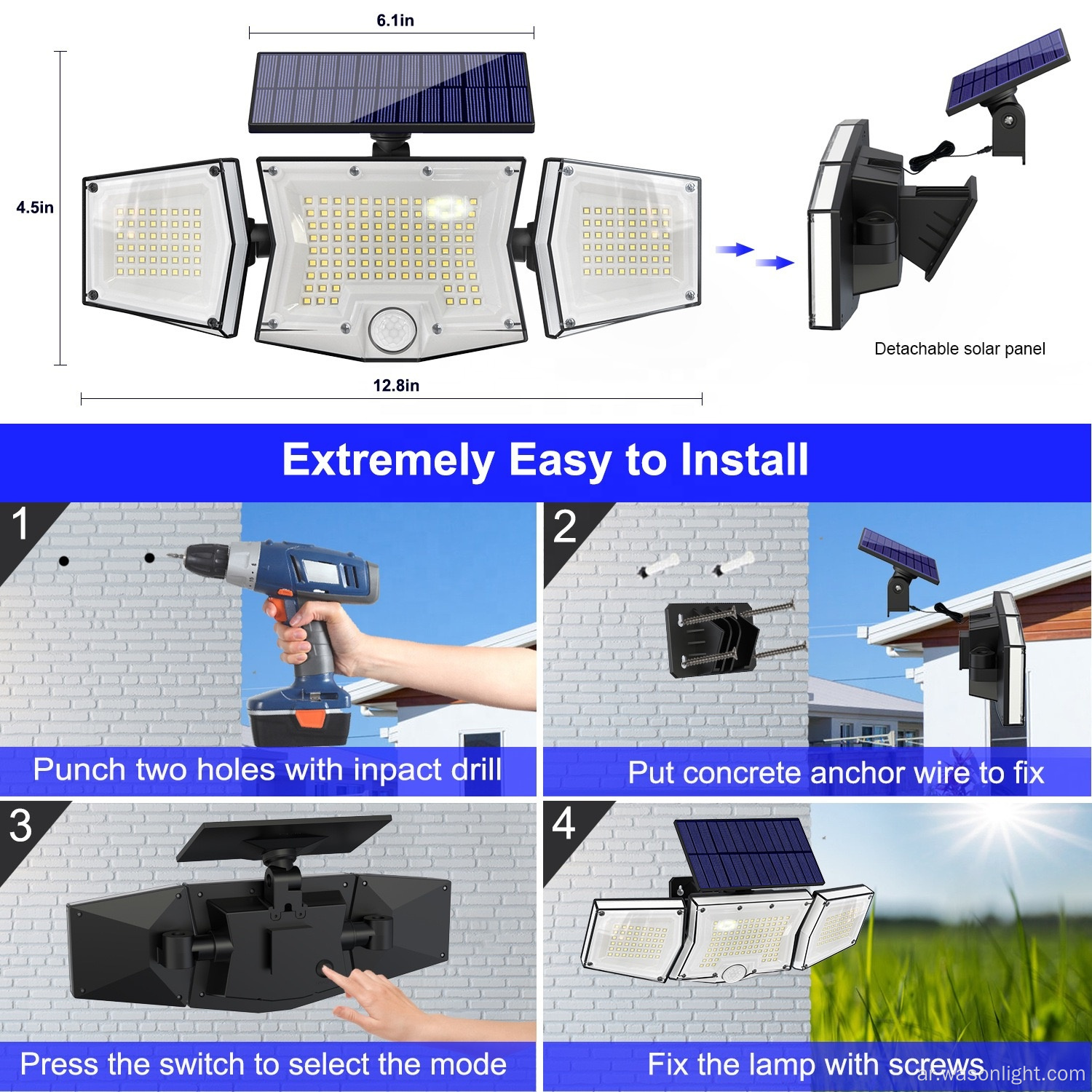 2023 غسق جديد إلى الفجر LED LED Solar Security Wall Lights Solar Motion Sensor Sensor Lights مع Remote for Outside Garage