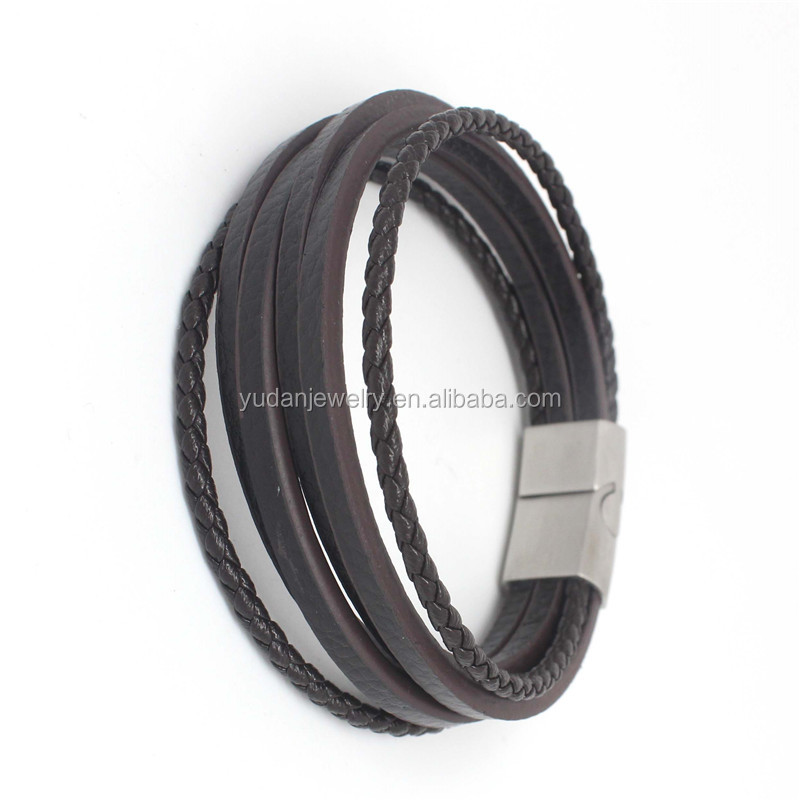 Men Jewelry Braided Genuine Leather Stainless Steel Bracelet