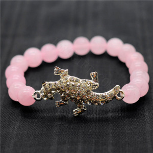 Pulsera de piedras preciosas elástica y cuentas redondas de cuarzo rosa de 8 mm con pieza de lagarto en aleación de diamante