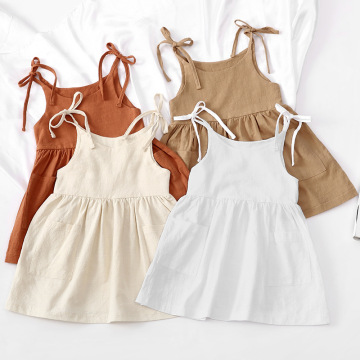 Girls' summer solid cotton linen suspender dress