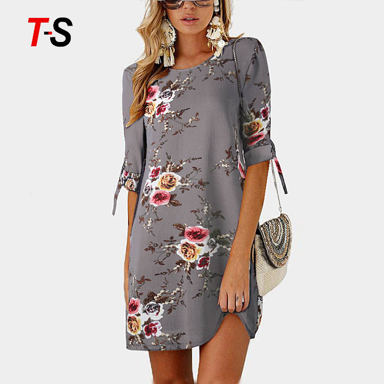 New summer fashion short sleeve print tie round neck dress