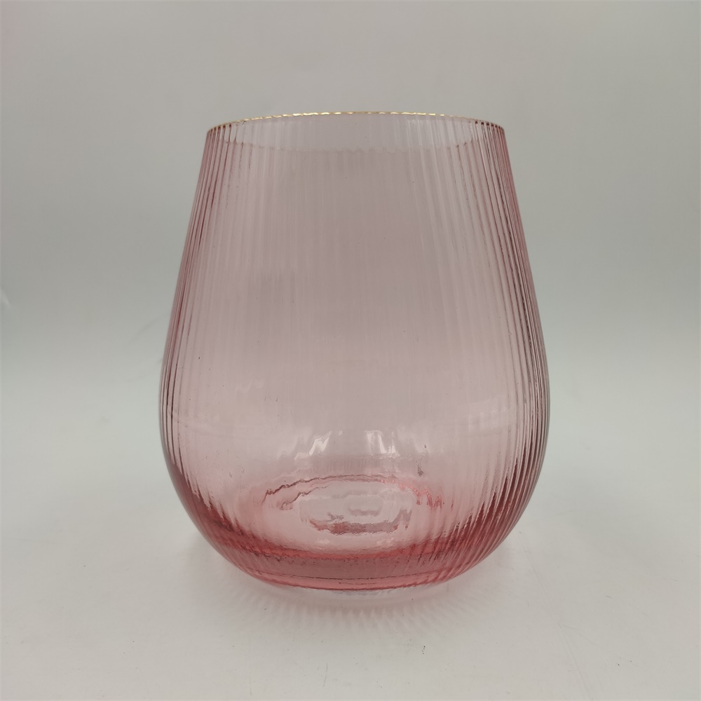 Br V 1017ribbed And Gold Rim Glass Flower Vase In Bulk With Pink Color