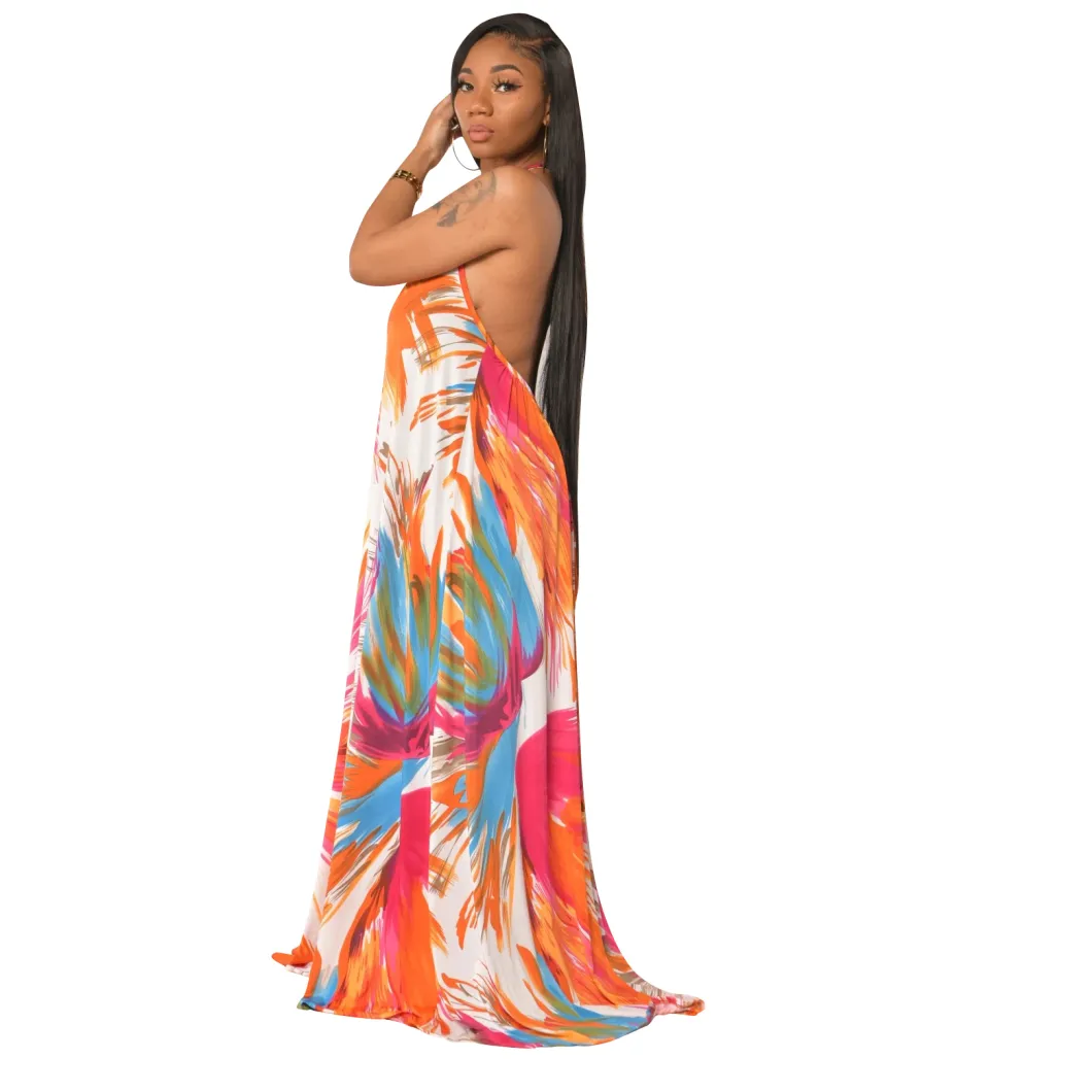 L51695 New Arrival Streetwear Women Sexy Drawstring Casual Pattern Print Halter Maxi Dress