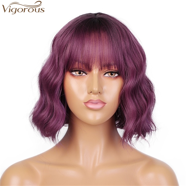 Vigorous Fashion Girl Synthetic Short Wavy Wigs Natural Short Bob Purple Wig With Neat Bangs  Heat Resistant Wholesale Price