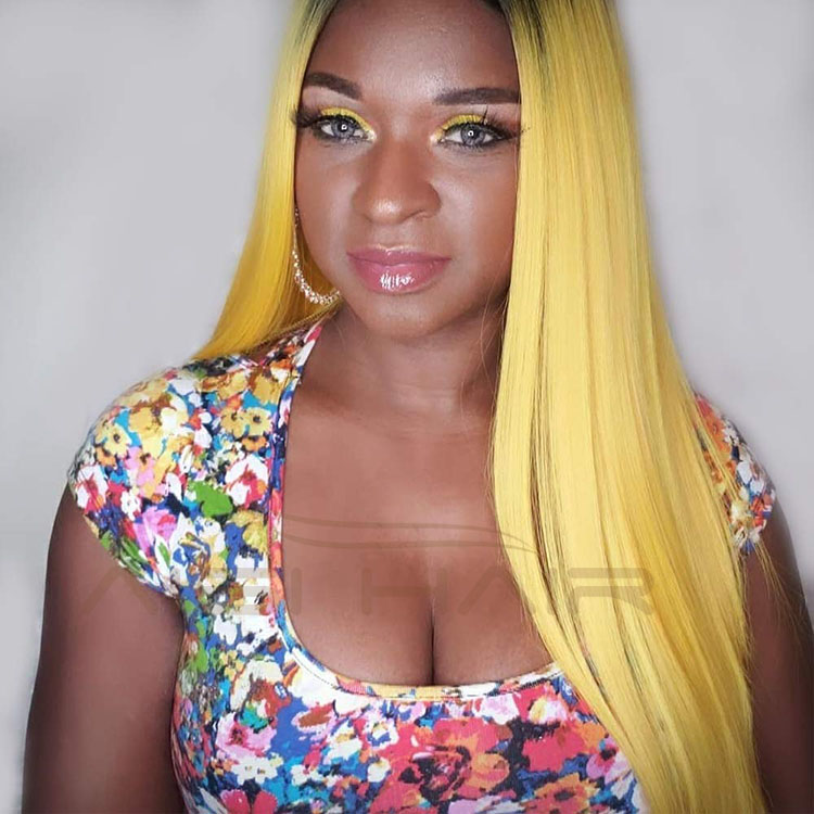 Aisi Hair Hotselling Wholesale Vendor 28 Inch Long Silky Straight Ombre Yellow Wig For Black Women Synthetic Hair Wigs