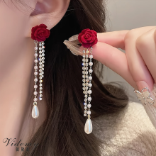 Elegant Red Rose Tassel Earrings for Trendy Style