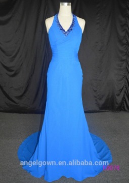 blue sexy chiffon beaded halter low back evening dress/bridesmaid dresses
