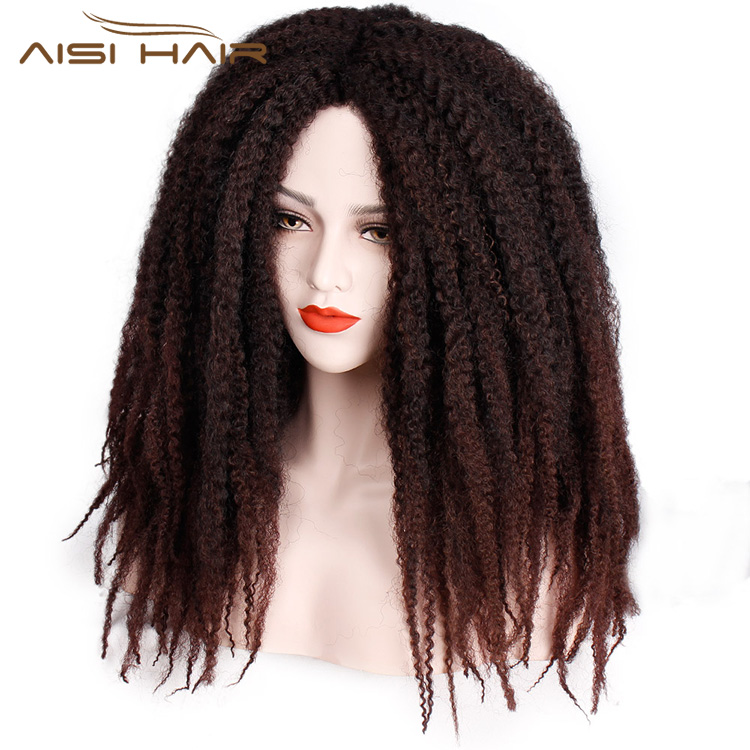 Aisi Hair Synthetic Afro Kinky Curly Hair Braided Long Wigs Dark Brown Marley Braiding Hair Wig for Black Women