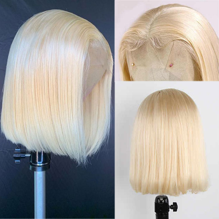 613 Custom Color Blonde Straight Peruvian Human Hair Short Pre-Plucked Transparent Lace Front Bob Wig