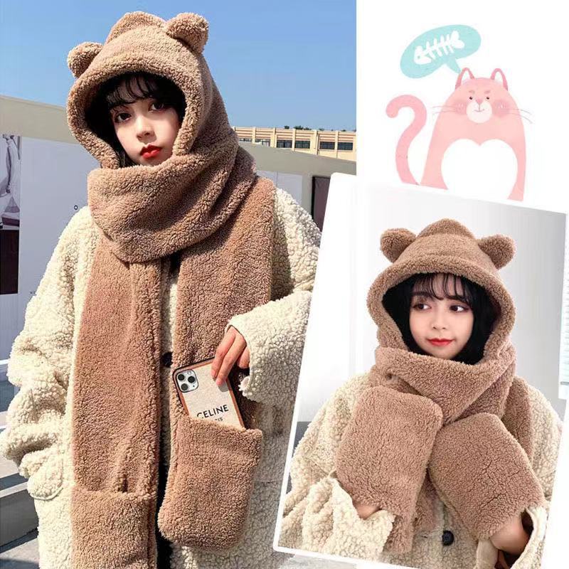 Bear Hat Winter All-matching Korean Cute Plush Scarf One-piece Hat Three-piece Suit