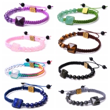 6MM Gemstone Round Beads with 12MM Stone Pyramid Beads Woven Bracelet Natural Amethyst Tiger Eye Woven Bracelet for Unisex