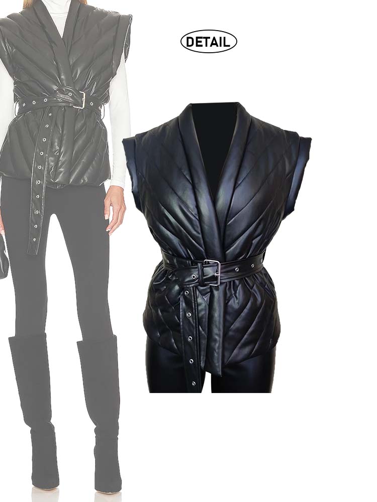Quilting Faux Leather Black Sleeveless Vest For Winter
