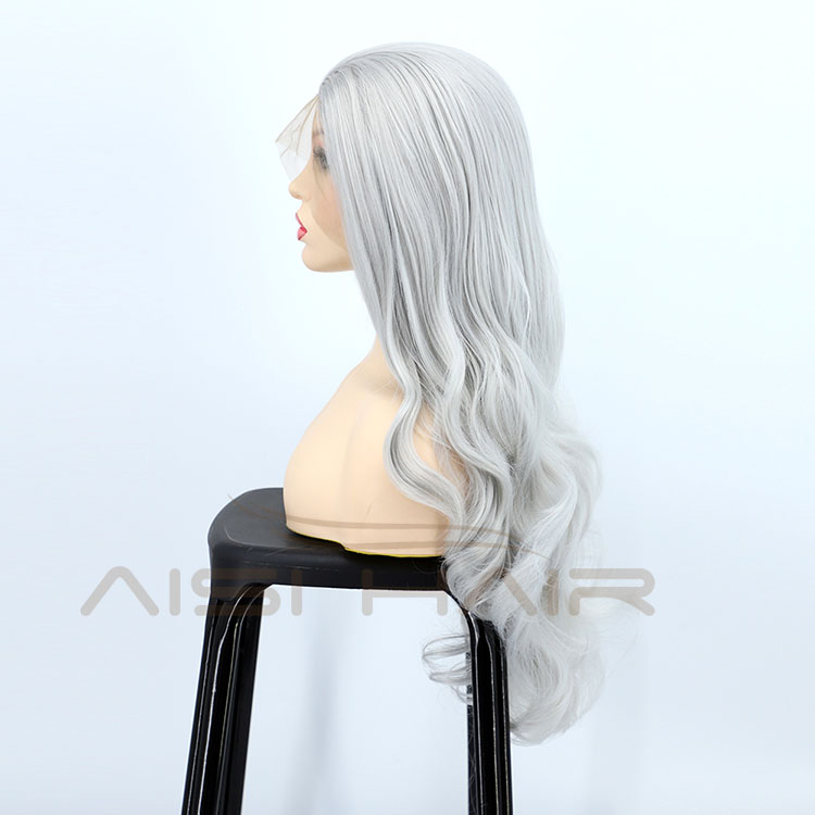 Aisi Hair New Design Vendor Cosplay Curly Long Wavy Body Wave Grey Lace Frontal Synthetic Hair For Black Women Lace Front Wig