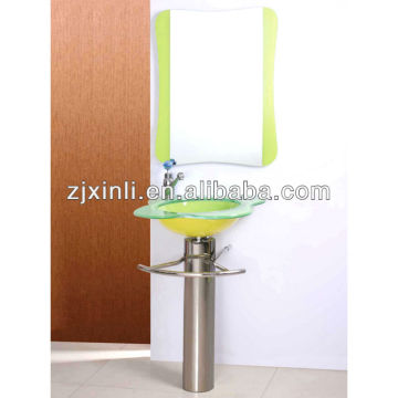 High Quality Tempered Glass Pedestal Washbasin, Yellow Color Glass with Stainless Steel Holder