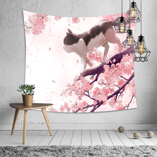 Sakura Tapestry Flower Cat Cherry Blossoms Wall Hanging Nature Spring Wall Tapestry for Livingroom Bedroom Home Dorm Decor