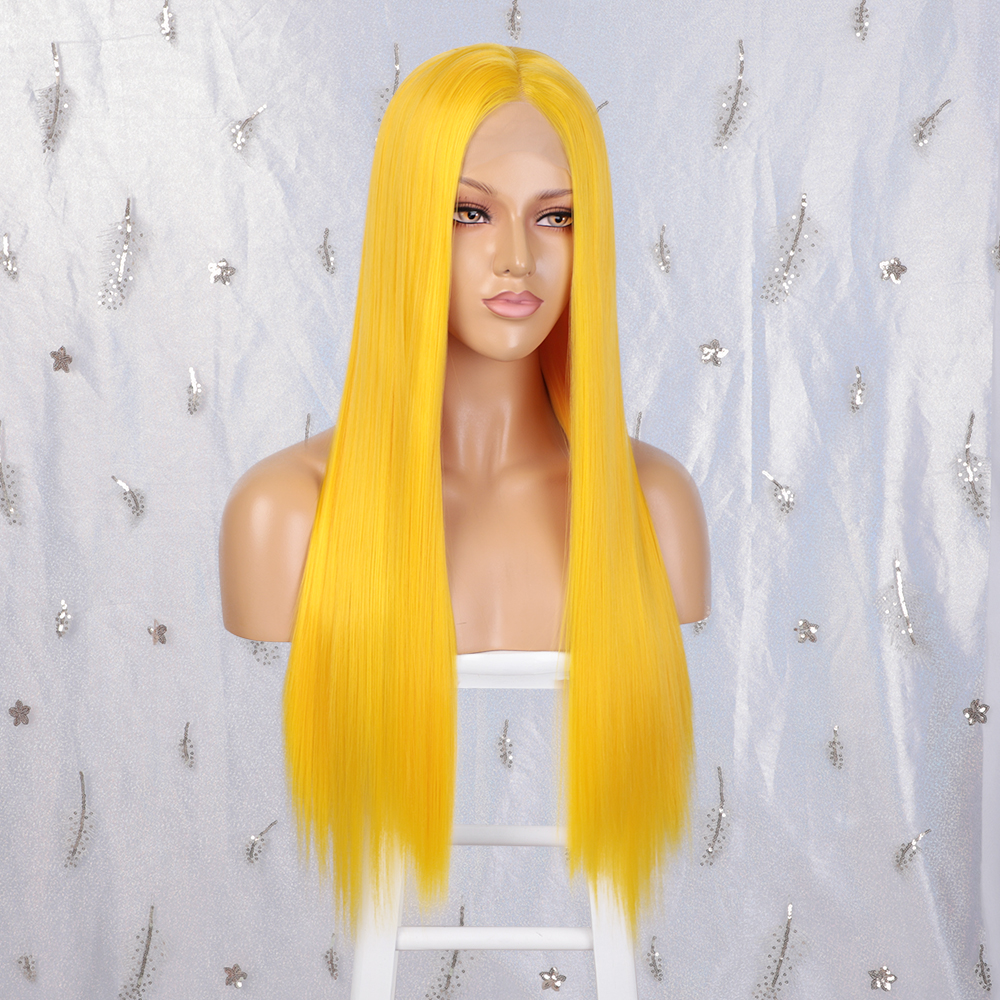 Vigorous Lace Front Wigs for Women Yellow Synthetic Long Straight Wigs Heat Resistant Middle Part Fiber Natural Looking