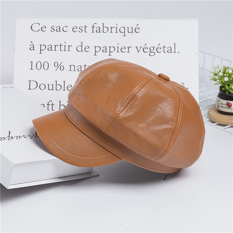 Solid color pu leather British retro octagon beret (5)