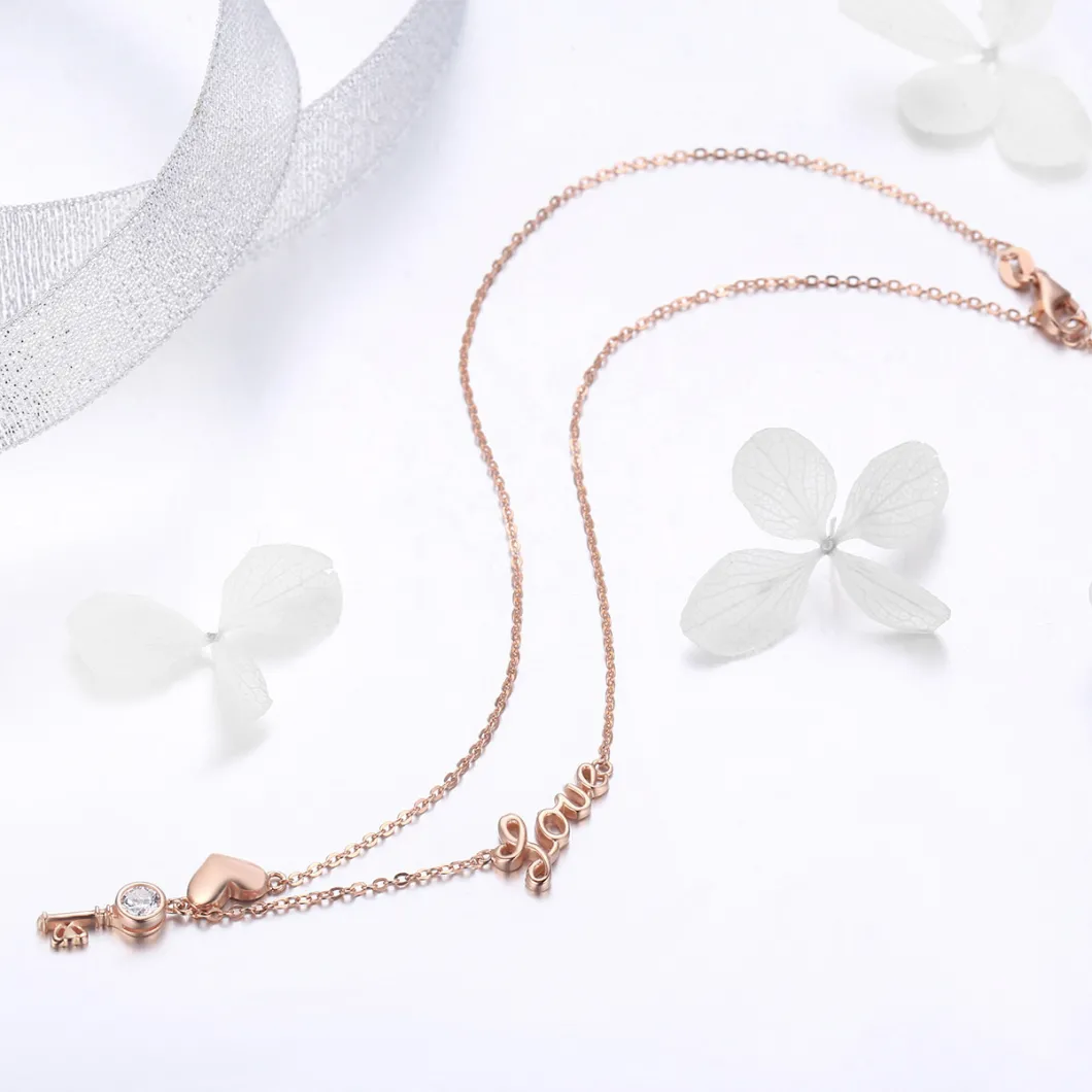 Rose Gold Plated The Key Shape CZ 925 Sterling Silver Pendant Necklace Jewelry