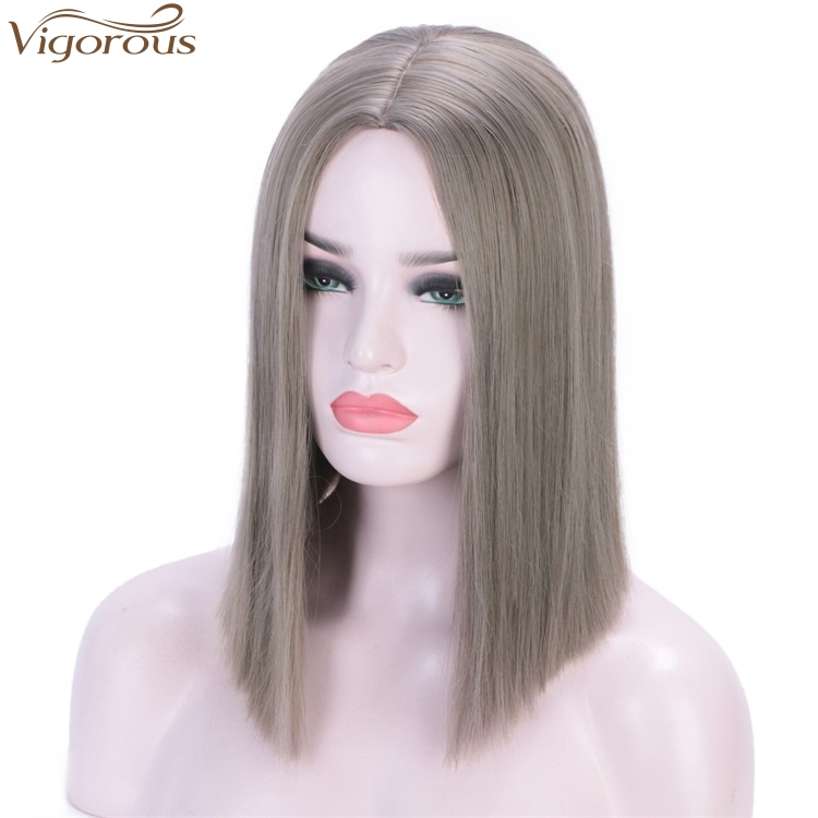 Vigorous Good Quality 14 inches Short Straight Bob Wig Middle Part Heat Resistant Synthetic Wig Daily Use For Women