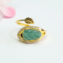 Green Myanmar Jade Leaf-Shaped Finger Rings with Gold Plating: Latest Fashion Jewelry from Burma