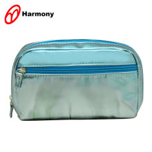 Simple design ziplock blue shiny leather personal makeup bag