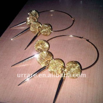 Gold Mesh Ball Beads with Spike Hoop Earring